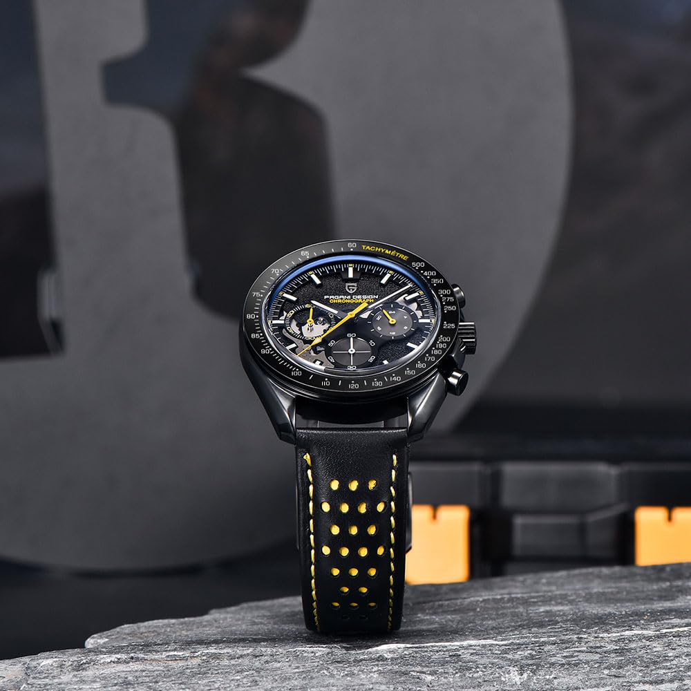 TYBERLEY Pagani Design 1779 Luxury Men's Quartz Watch Moon Chronograph Skeleton AR Synthetic Sapphire VK63 Movement Leather Strap Waterproof Sports Watch Full Black