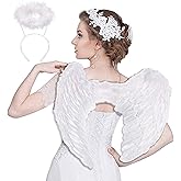 Angel Wings and Halo Headband Kids Girls, White Black Feather Wings for Children Adult