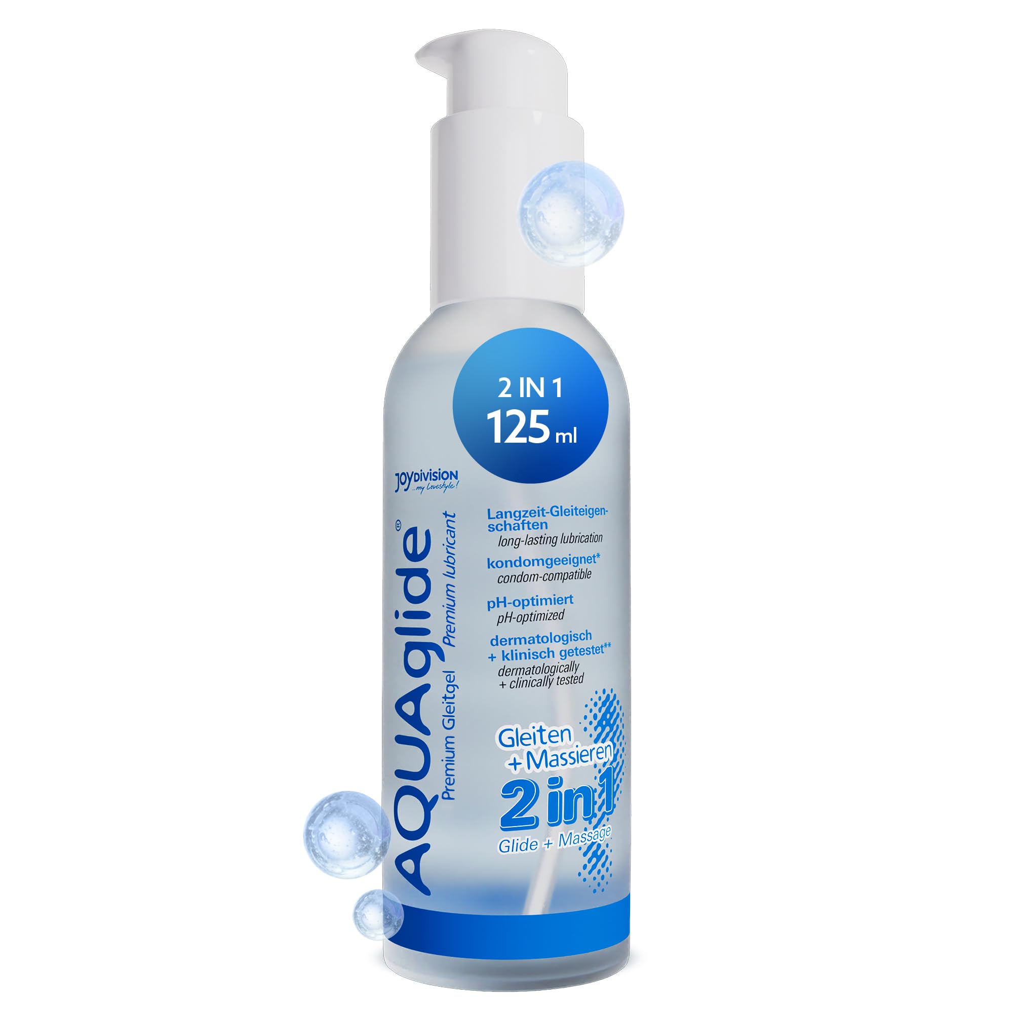 Joydivision AQUAglide 2-in-1, 125ml, Water-Based Massage & Lubricant Gel, Transparent and odorless, Oil-Free & Compatible with Latex Condoms