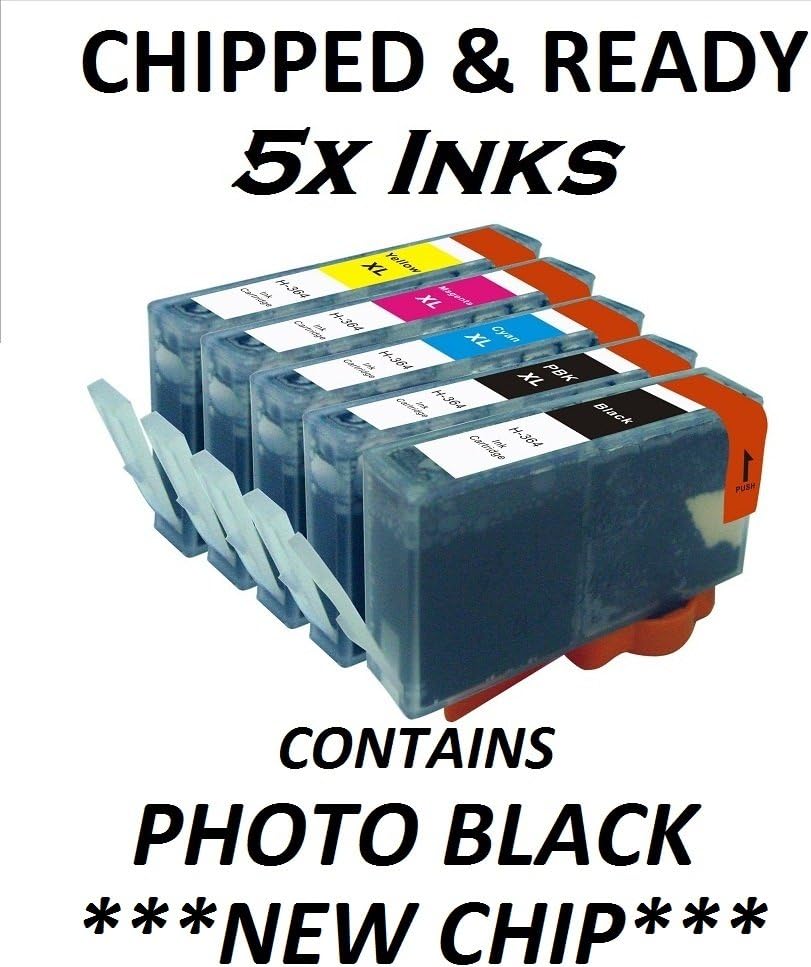 5x CHIPPED COMPATIBLE HP 364XL FULL SET INK CARTRIDGE HP364. B8550 C5324 C5380 C6324 C6380 D5460 C309n C309g C310a C309a C410b + ALL PRINTERS THAT TAKE HP 364 AND HAVE 5 CARTRIDGE SLOTS. A FULL SETS OF BLACK, PHOTO BLACK, CYAN, MAGENTA, YELLOW