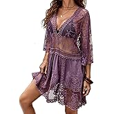 MZSYLK Womens Beach Dresses Swimsuit Crochet Cover Up Bathing Suit Coverups Dress See Through Hollow Out Floral Beachwear