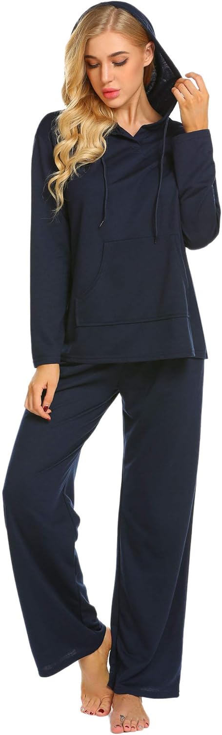 Ekouaer Sleepwear Women Long Sleeve Hooded Sweatshirt Casual Loungewear Wide Leg with Pocket Pajama Set Winter at  Women’s Clothing store
