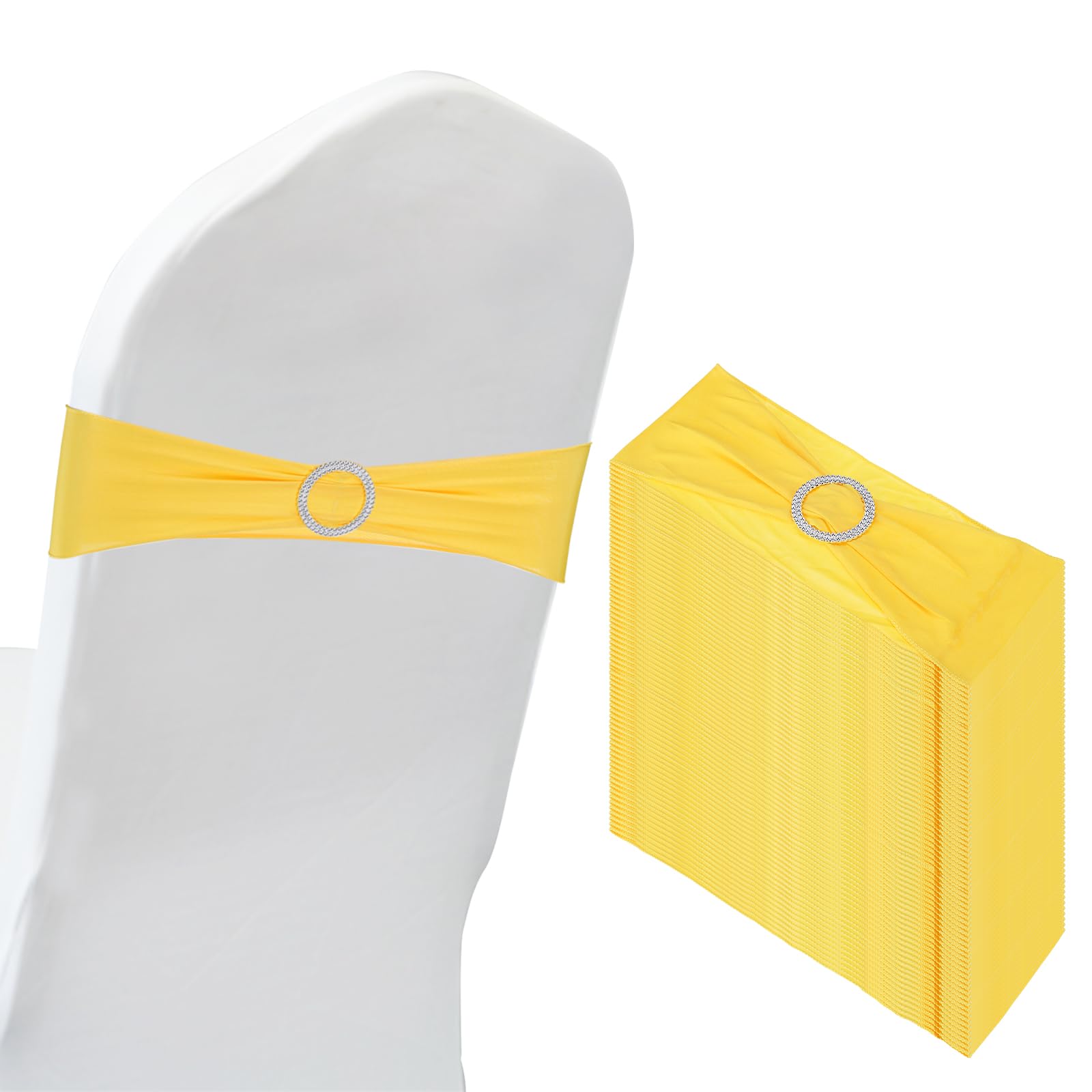 PATIKIL 14"x5" Stretch Chair Sashes Bows, 50 Pack Elastic Chair Bands Sashes with Buckle Slider for Wedding Banquet Decorations, Yellow
