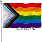 Progress Pride Rainbow Flag 3x5 Outdoor Double Sided 3 Ply-LGBTQ Gay Lesbian Bisexual Non Binary Transgender All Inlcusive Progressive Pride Rainbow Flag Vivid Color Heavy Duty Polyester Flags with 2