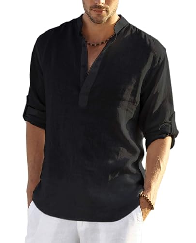COOFANDY Henley T-shirt voor heren, katoen, linnen, casual, hippie, strand, lange mouwen, legergroen, L