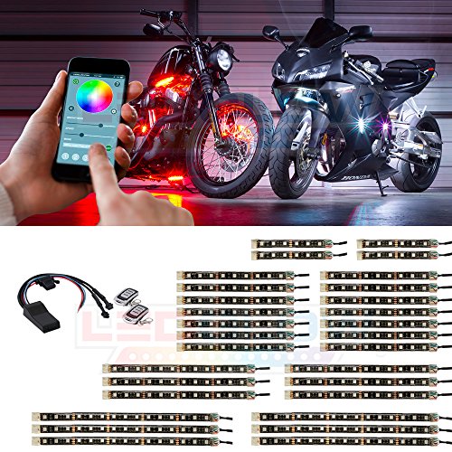 LEDGlow 30pc Advanced Million Color LED Flexible Motorcycle Lighting Strip Kit - Bluetooth-Connected Smartphone App - 312 LEDs - Waterproof Control Box - Dual Zone Control - 2 Wireless Remotes