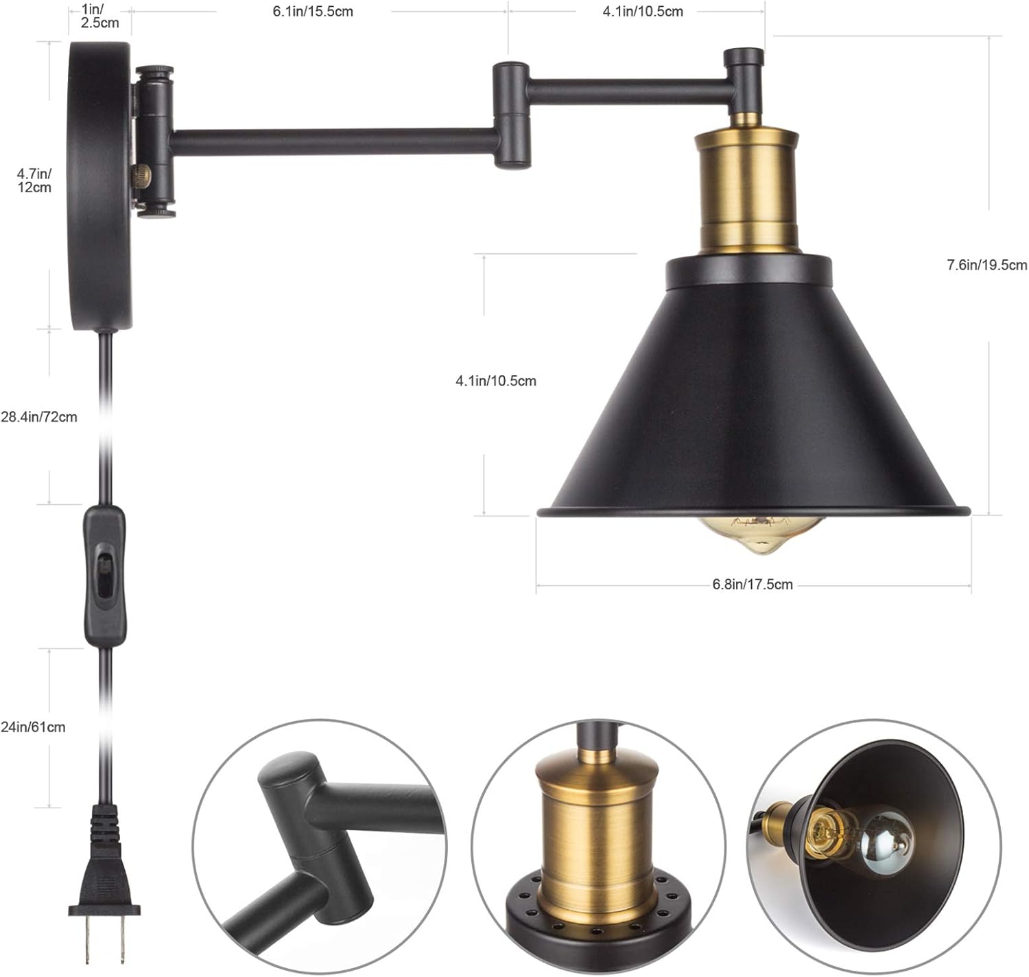 ArcoMead Swing Arm Wall Lamp Plug-in Cord Industrial Wall Sconce, Bronze and Black Finish, with On/Off Switch, E26 Base UL Listed, 1-Light Bedroom Wall Lights Fixtures, Bedside Reading Lamp - - 