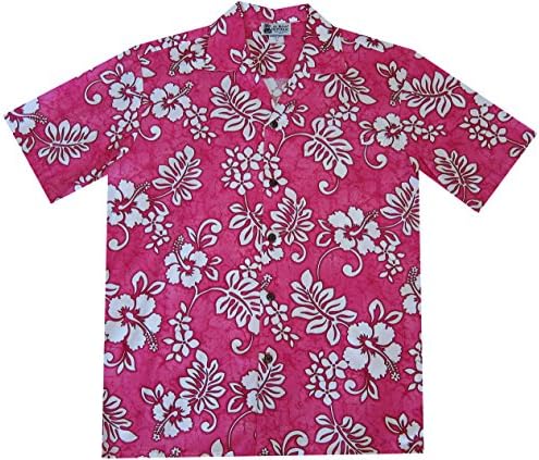 Hawaiian Islands Hibiscus Plumeria Aloha Shirt Uniform (Large, Pink)