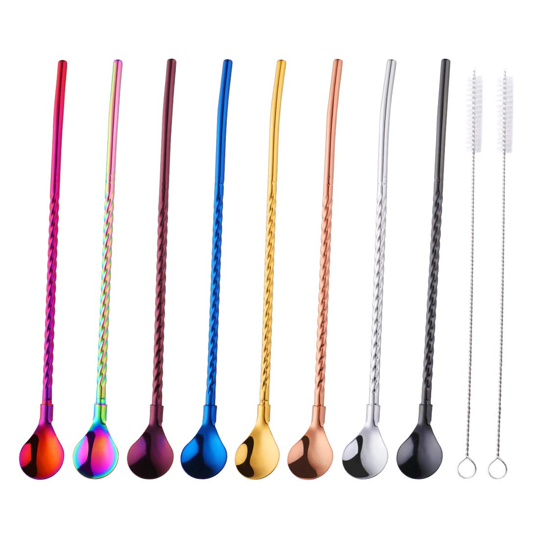 Drinking Straws Spoon Stainless Steel 8 Pieces Reusable Metal Spoon-Straws 2 Cleaning Brush Length 8.5 inch