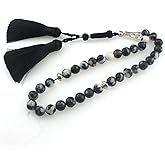 beirunde Muslims Islamic Dhikr 33 Tasbeeh Tasbih Prayer Beads, Black White Stone Beads with Tassel