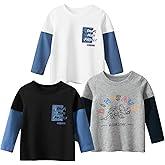 VZF Toddler Boys Color Block Long Sleeve Shirts 3-Pack Cotton Dinosaur&Car Print Boy's T-Shirts Spring/Fall for 18M-9Y