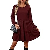 Women's Casual Long Sleeve Midi Dress Ruffle Flowy Pleated Tiered Swing A-Line Crewneck Vintage 2025 Fall Winter Dresses