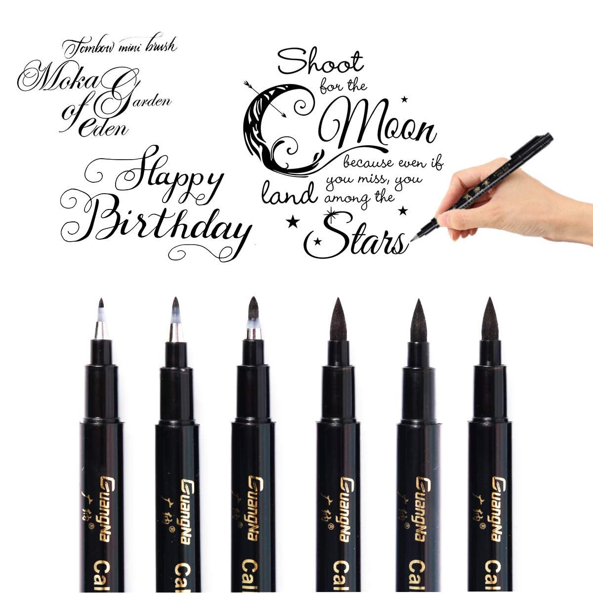 O-Kinee Calligraphy Pens Set of 6 Black Hand Held Pens for Lettering, Drawing, Bullet Journal, School Notes and DIY Gifts (4 Sizes)