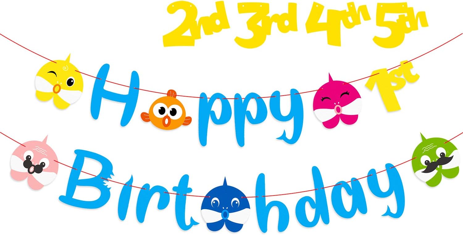 MALLMALL6 Little Shark Happy Birthday Banner Shark Family First Birthday Garlands Baby Shower Cartoon Shark Themed Party Hanging Decorations Supplies for Baby Boys and Girls