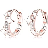 Reffeer Solid 925 Sterling Silver CZ Star Hoop Earrings for Women Teen Girls Star Huggie Hoop Earrings Hypoallergenic