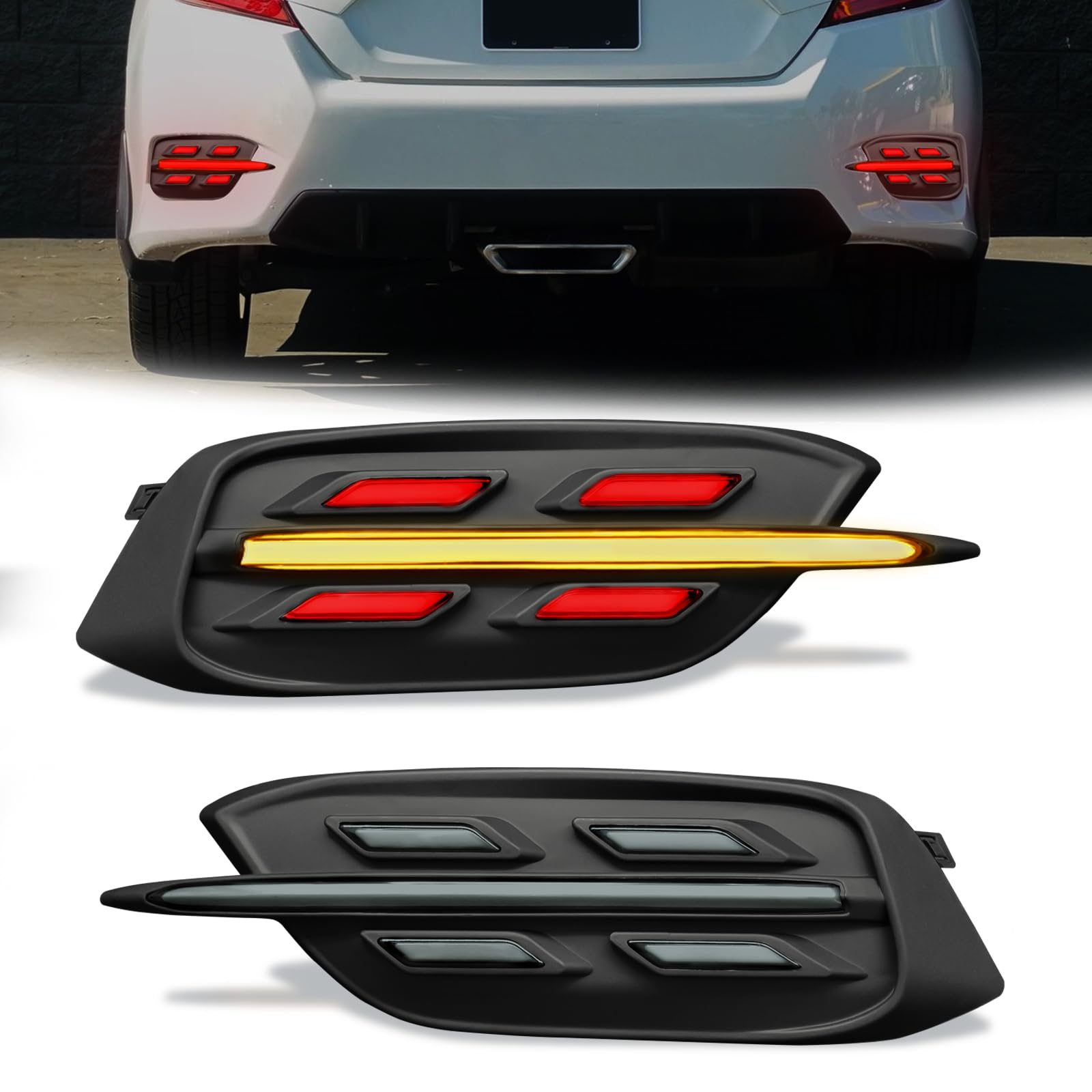 Photo 1 of SINYATO INDUST LED Rear Bumper Reflector Lights for 2016-2021 10th Gen Civic LX EX Sedan, Tail Brake & Reverse Lights with Dynamic Sequential Turn Signals and Start-Up Animation, Smoke Lens,1 Pair