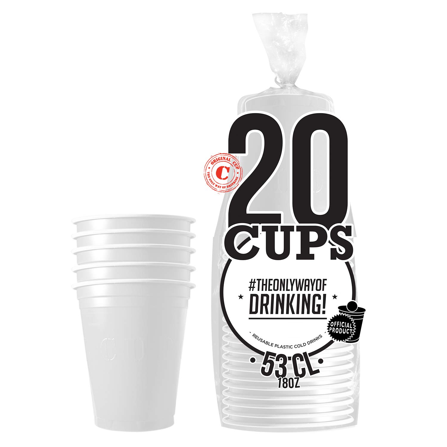 OriginalCup Pack of 20 Original White Cups 53 cl White | Beer Pong | Reusable Plastic Cups | Hand or Dishwasher Safe