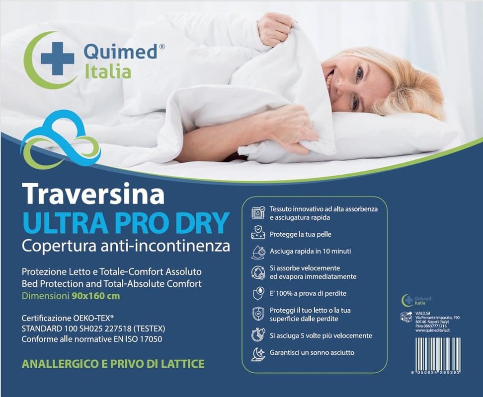 Traversa Bed Seniors 90 x 160 – QUIMED ITALIA Waterproof Washable Underside Bed Absorbent Up to 2400 ml/m², Reusable up to 500 Washes, Hypoallergenic, Mattress Protector for Incontinence
