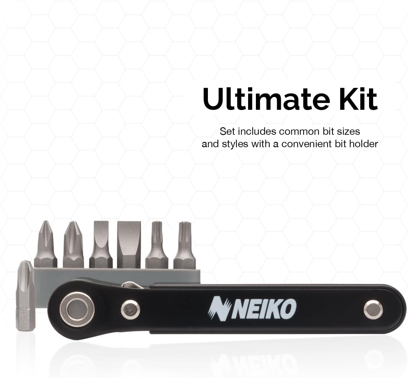 Neiko 03044A Mini Ratcheting Offset Screwdriver and Bit Set, Pocket Size Close-Quarters, 1/4-Inch Drive - Angle Screwdriver - 