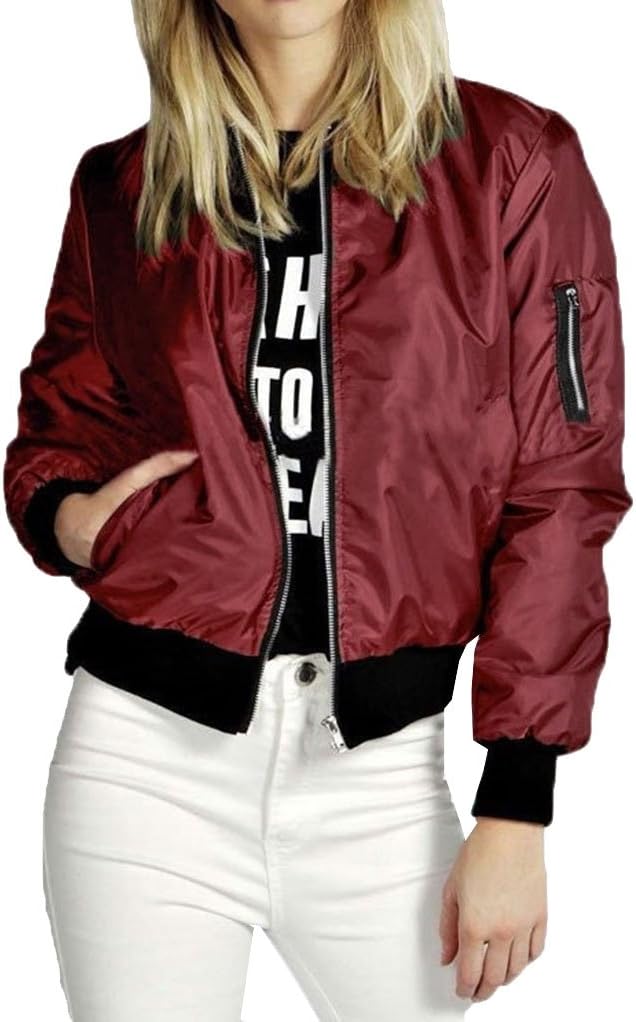Zip Up Stand Up Women Collar Coat Jacket Bomber Jacket Wine Red S