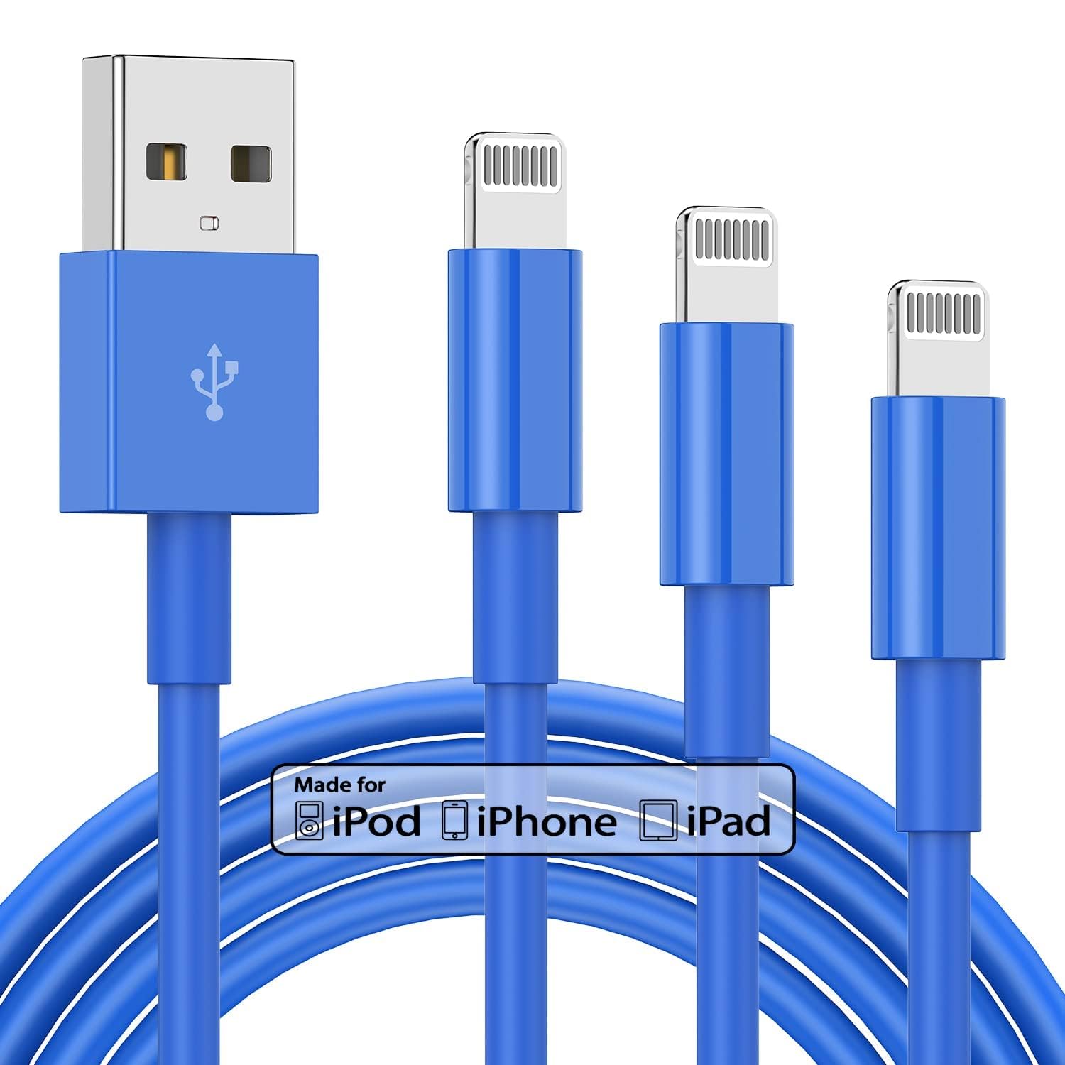 Photo 1 of 3 Pack Apple MFi Certified Charger Cable 6Ft, Lightning to USB Cable Cord 6 Foot, 2.4A Fast Charging,Apple Phone 6 Feet Long Chargers for iPhone 14/13/12/11/X/XS/XR/SE/8/7/6/5 Plus Pro Max Mini Blue