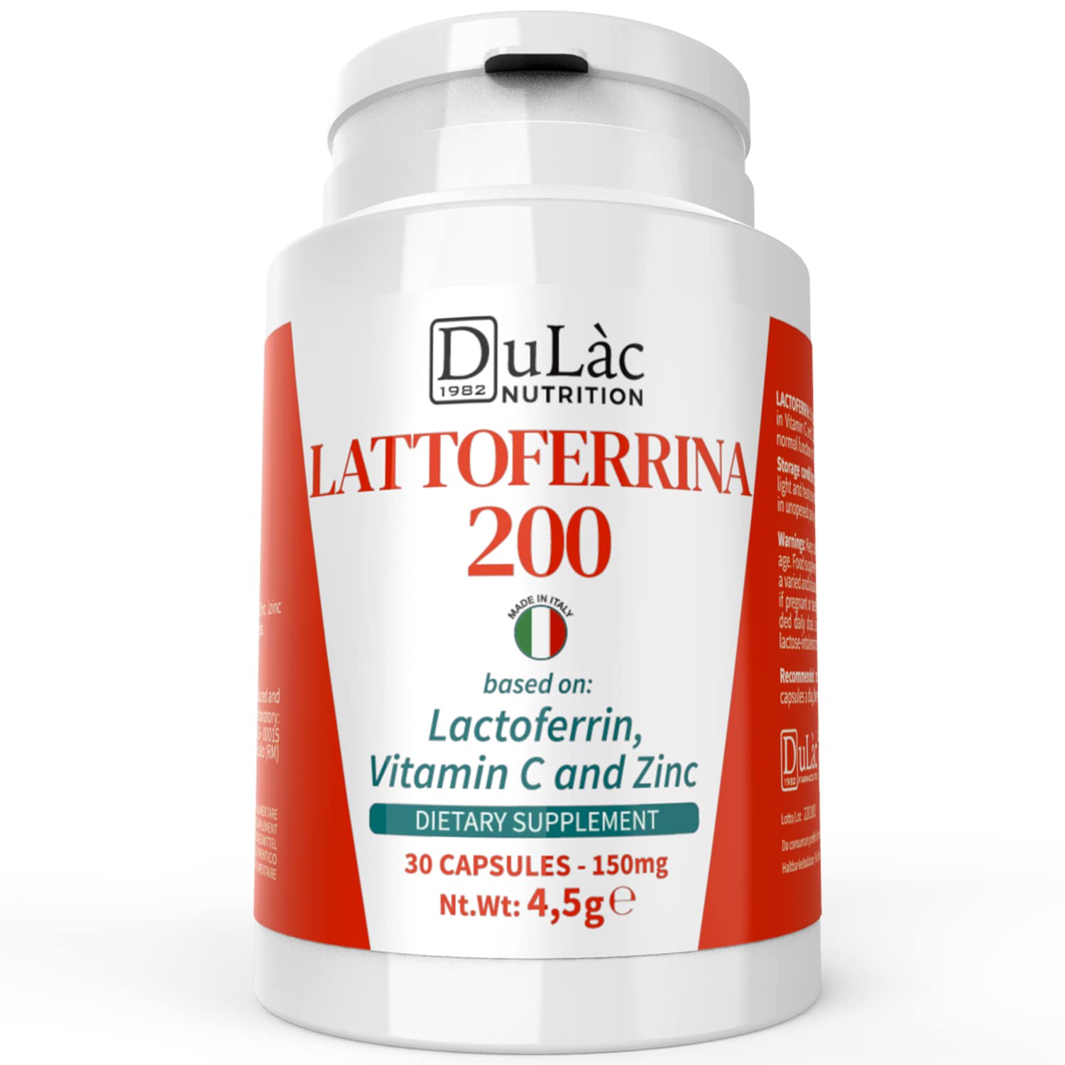 Dulàc - Lactoferrin 200 mg with Vitamin C and Zinc, 30 Counts, Immune Booster, Antioxidant Vitamin, Highly Bioavailable, Protein Supplement, 100% Made in Italy