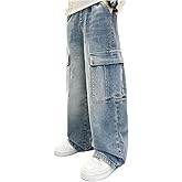 Verdusa Boys Jeans Baggy Vintage Straight Leg Denim Cargo Pants with Pockets 8-14 Years