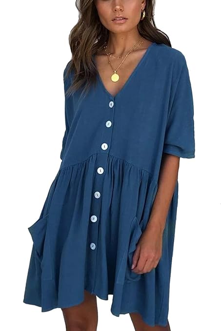 Sommerkleider Damen Casual Lose Basic T Shirt Kleid Kurzarm Elegant Blusen Mini Kleid V-Ausschnitt