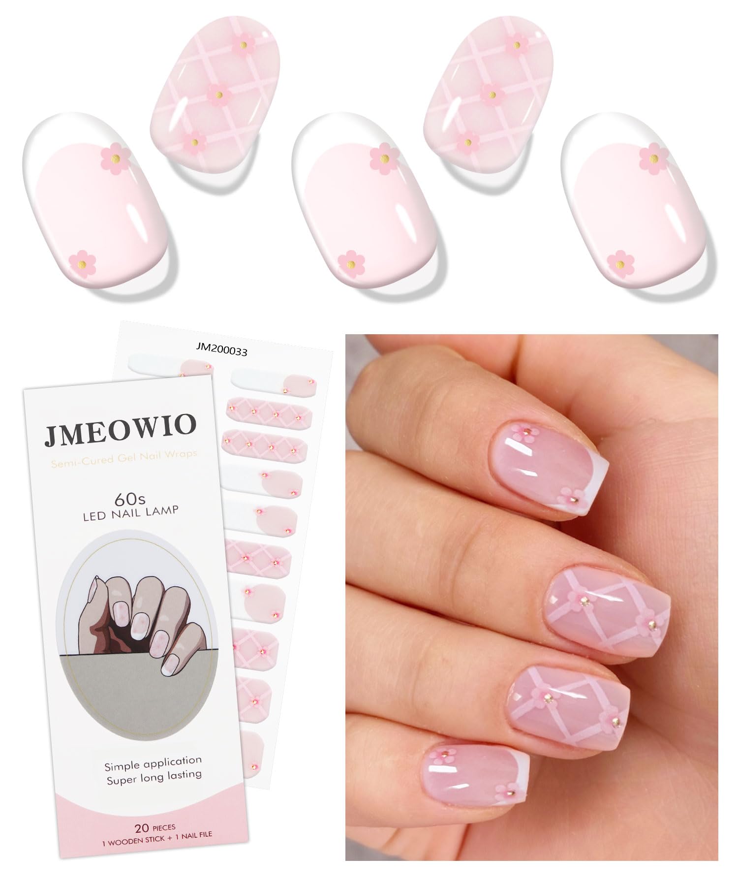 JMEOWIO Gel Nail Stickers French Tip White Pink Flower Semi Cured Gel Nail Strips Wraps UV/LED Nails Art Design Decoration Accessories