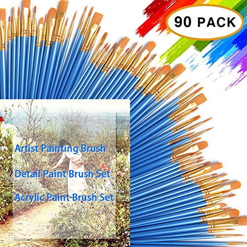 Acrylic Paint Brush Set,9 Packs / 90 pcs Nylon Hair Brushes for All