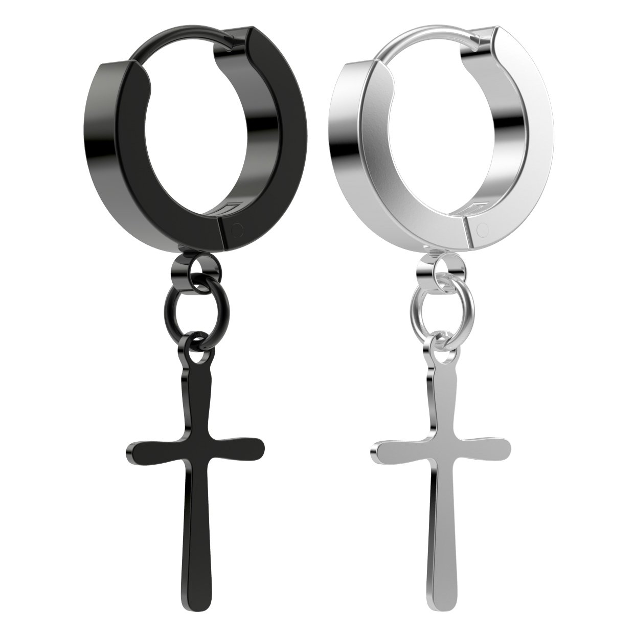 Bling Piercing 2pc 20g 0.8mm Black Cross Huggie Hoop Earrings Dangle Surgical Stainless Steel Men Women Clutch Flat