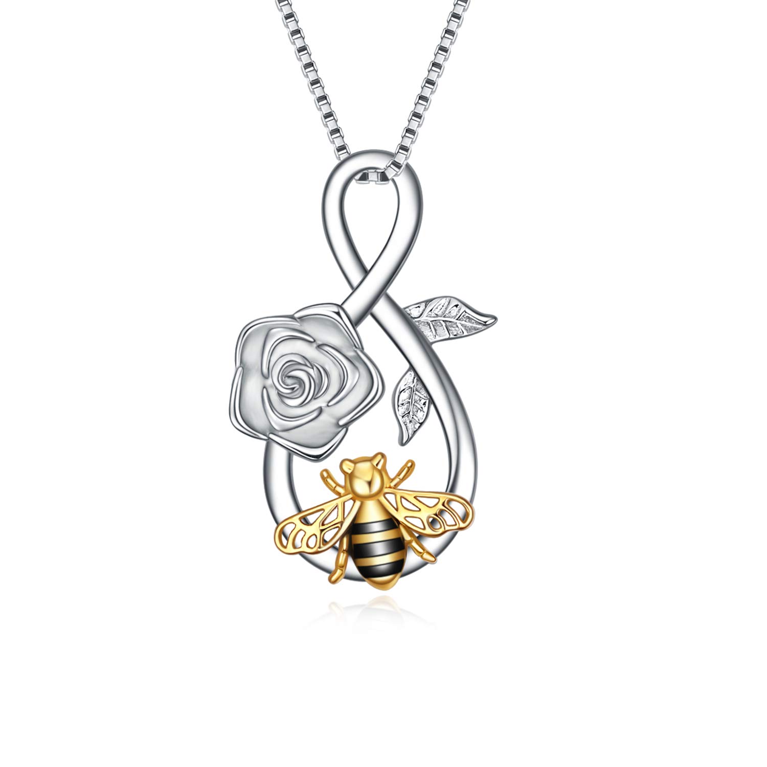YAFEINI Bee Necklace Sterling Silver Infinity Bumble Bee Pendant Necklace with Rose Flower Bee Jewellery Gifts for Women Teens Girls — image 1