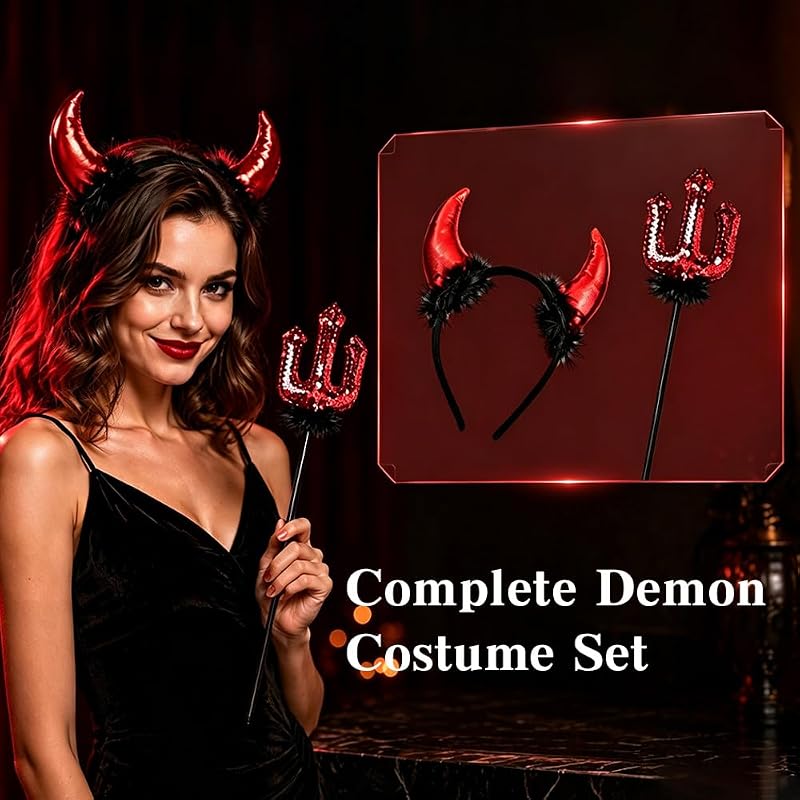 Halloween Teufelshörner Stirnband mit Pailletten-Gabel – 2-teiliges Rot-Schwarzes Dämonen Kostümzubehör für Erwachsene, Unisex Faschingsparty, Maskerade & Karneval — Foto 3 von 7