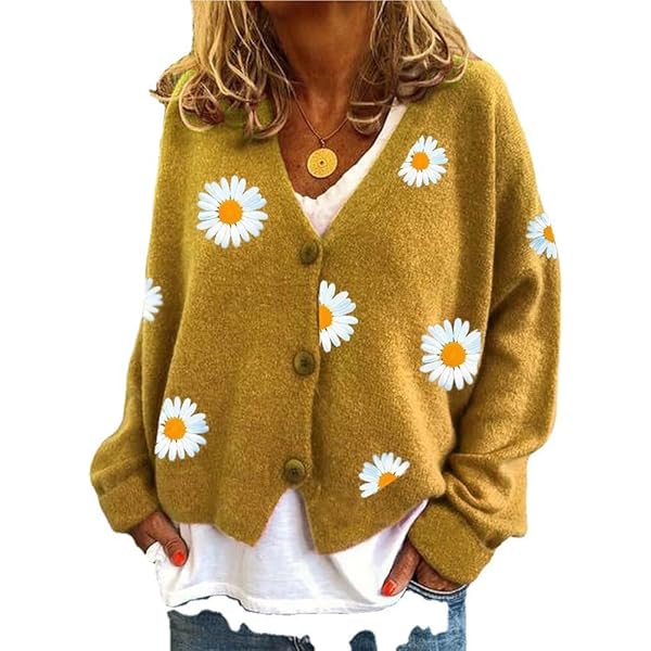 Women's Knit Y2K Cardigan, Floral Daisy Print Long Sleeve V