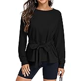 ATOFY Women's Long Sleeves Shirt Tops Crew Neck Tie Knot Sweatshirt Tops Casual Fall Loose Fit Cropped Top Pullover
