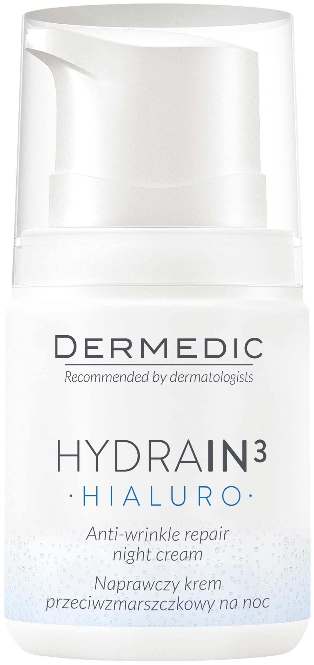 DERMEDIC - HYDRAIN3 - HIALURO - Regenerating anti-wrinkle night cream - bottle with pump 55 g - Recommended for intensive anti-ageing care of sensitive, dry and dehydrated skin - Hypoallergenic