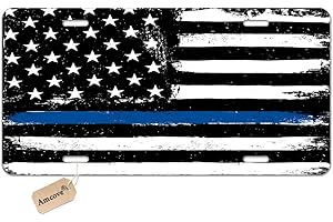 Amcove License Plate Black Flag with Police Blue Line Decorative Car Front License Plate,Vanity Tag,Metal Car Plate,Aluminum Novelty License Plate for Men/Women Car,6 X 12 Inch