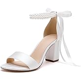 WUBFBAN Pearl Wedding Shoes for Bride High Heels Block Heels Bridal Shoes with Bow Women Chunky Heels Sandals