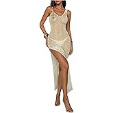 Milumia Women's Sexy Glitter Crochet Cover Up Dress Split Thigh Sheer Long Beach Dresses