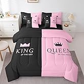 Feelyou Crown Queen King Bed Set King Size, Pink Black 7 Piece Bedding Set Crown His Hers Bed in a Bag Kids Romantic Valentine's Day Bed in a Bag with Comforter, Sheets, Pillowcases & Cushion Cover