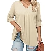 VISLILY Womens Plus Size Shirts Loose Fit 3/4 Roll Sleeve Tunics Comfy Elegant V Neck Fashion Flowy Pleated Tops Beige 3XL
