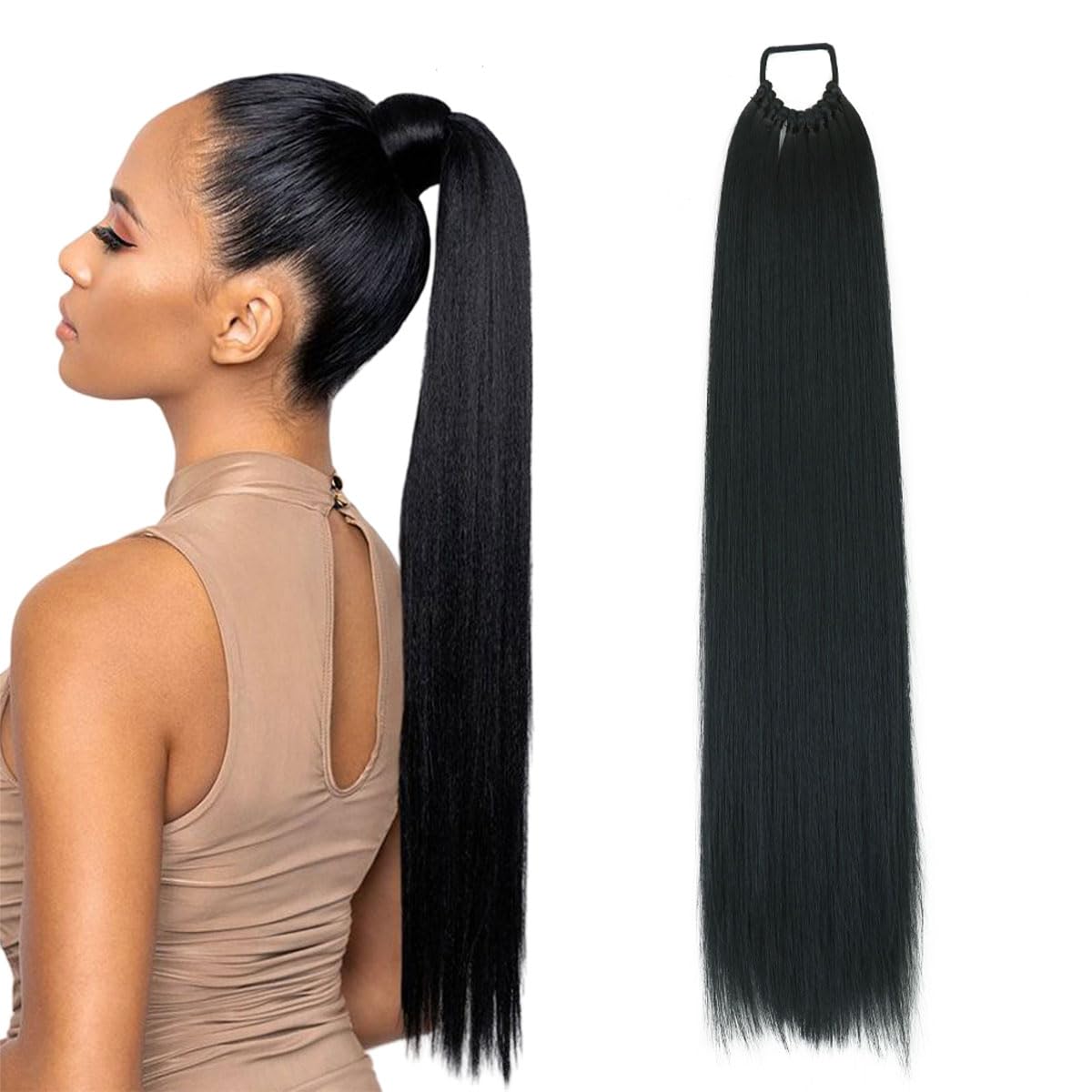 prinfantasy Halo Hair Extension Ponytail Extension 24 Inches Long Wrap Around Ponytail Hair Piece for Women Straight Synthetic Black Hair Scrunchies Hair Extensions,GBMW275