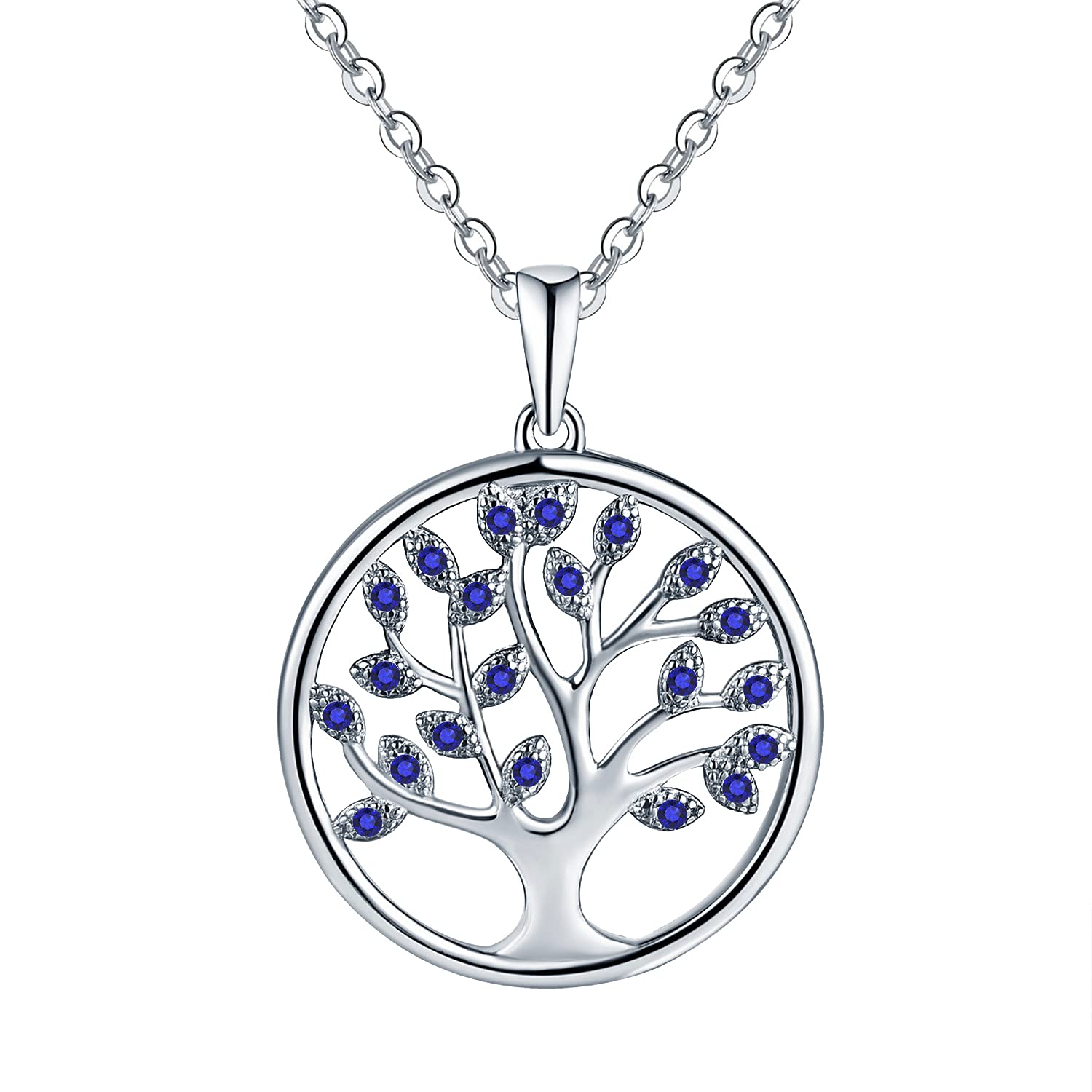 JO WISDOM Tree of Life Necklace,925 Sterling Silver September Birthstone Sapphire Color Family Tree Pendant Necklace,Jewellery for Women