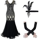 Women's 1920s Flapper Dress Vintage Great Gatsby Party Sequin Maxi Evening Cocktail Dresses with 20s Accessories Set