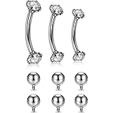 PiercingJ 16G 6-10MM Stainless Steel Cubic Zirconia Internally Thread Curved Barbell Eyebrow Vertical Labret Lip Bars Piercing Jewelry with Replacement Balls