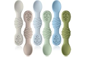 Qkie Silicone Baby Spoons, Baby Utensils for Infants Toddlers Self Feeding, Chew, First Stage Baby Led Weaning(BLW), Baby Feeding Essentials, Set of 6 Pack
