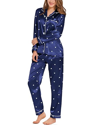 SWOMOG Womens Silk Satin Pajamas Long Sleeve Loungewear Two-Piece