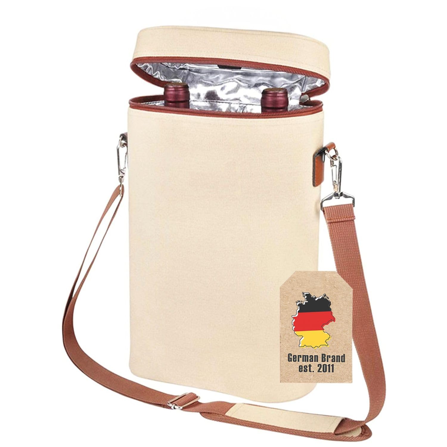 INTIRILIFE Cooler Bag for 2 Bottles - Beverage Cooler Wine Bag Champagne Water Juice - Insulated Carrier Bag with Shoulder Strap & Handle - Picnic Bag Outdoor Beige-Brown - 21x9.7x35.6 cm