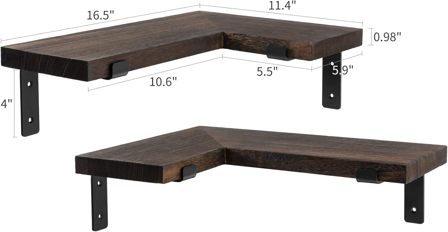 Mkono Corner Wall Shelves Rustic Wooden Floating Corner Shelves Display L Shapped Storage Organizer Displays for Home Living Room Barthroom Bedroom Office, Set of 2, Brown: Furniture & Decor