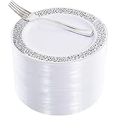 WDF 100pcs Silver Plastic Dessert Plates 7.5" with 100 Pieces Disposable Forks 7.4", Silver Plates Appetizer Plates Small Plates, Fancy Salad Plate and Cake Plate for Party Wedding Valentine's Day